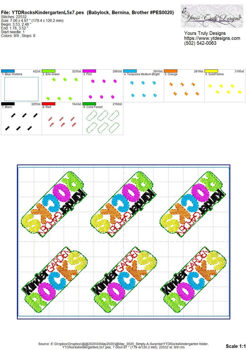 May include: A colorful embroidery design for a kindergarten classroom. The design features the words "Kindergarten Rocks" in a diagonal pattern with a variety of colors, including green, blue, pink, orange, and yellow.