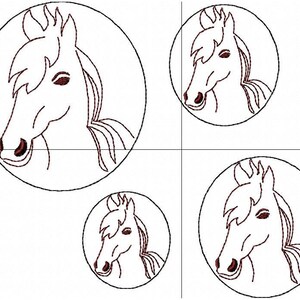 Puede incluir: Cuatro dibujos en blanco y negro de cabezas de caballo en c&iacute;rculos. Cada cabeza de caballo est&aacute; mirando hacia el lado derecho de la imagen.