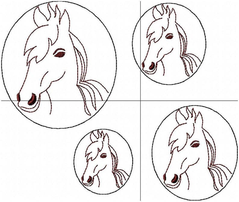 Puede incluir: Cuatro dibujos en blanco y negro de cabezas de caballo en c&iacute;rculos. Cada cabeza de caballo est&aacute; mirando hacia el lado derecho de la imagen.