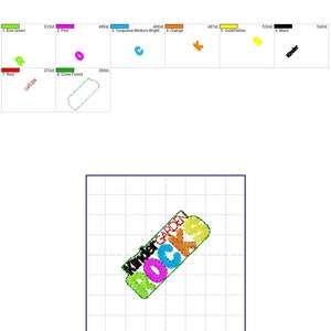 May include: A colorful embroidery design of the words "Kinder Garden Rocks" in a diagonal, rectangular shape. The design is on a white grid background.