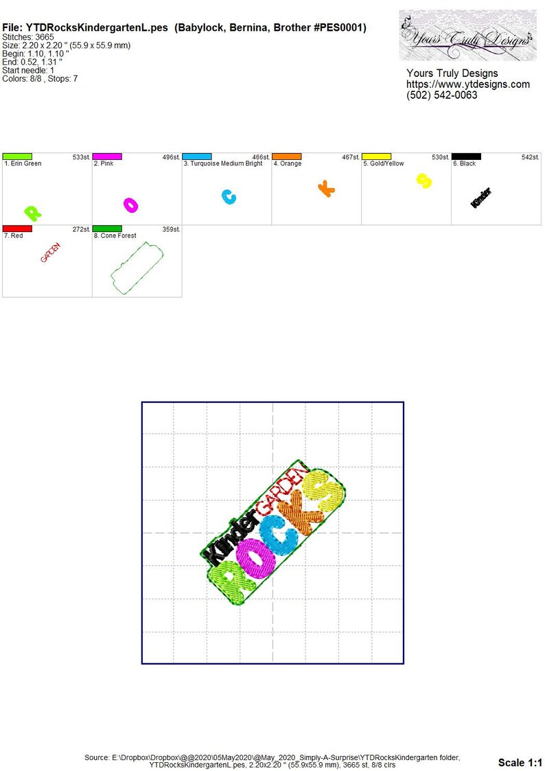 May include: A colorful embroidery design of the words "Kinder Garden Rocks" in a diagonal, rectangular shape. The design is on a white grid background.