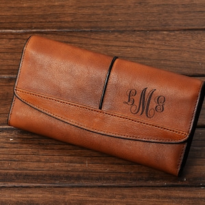Op de afbeelding: Een bruine leren portemonnee met een monogramdesign. Het monogram is "L.M.S."