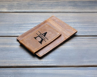 Personalized Leather Money Clip Wallet Magnetic Groomsman Best Man Fathers Day Gift Dad Boyfriend Brother Wedding Distressed Slim Wallet