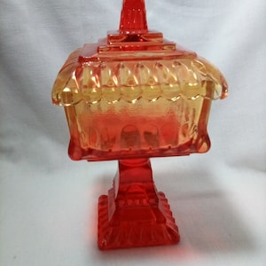 Jeannette Glass Wedding Amberina Wedding Bowl and Lid; Vintage Candy Dish with Lid