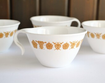 4 Butterfly Gold Coffee Cups and Saucers, Corelle Corning, Vitrelle Hook Handled Cups, Retro Kitchen, Vintage Corning Ware 4 Butterfly Gold Coffee Cups and Saucers, Corelle Corning, Vitrelle Hook Handled Cups, Retro Kitchen, Vintage Corning Ware