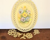 Vintage 4 Piece Homco Fran Anderson Pansy Wall Grouping 1 Oval Acrylic Wicker Lattice Frame w Print 3 Acrylic Floral Accent Pieces