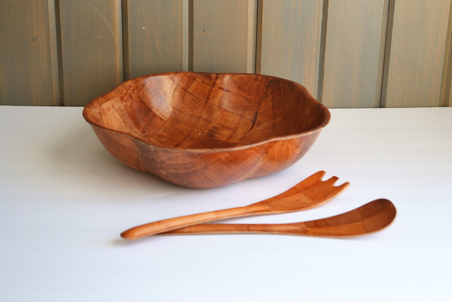 Vintage Formosa Wood Salad Bowl And Tongs / Parquet Woven Wood Etsy