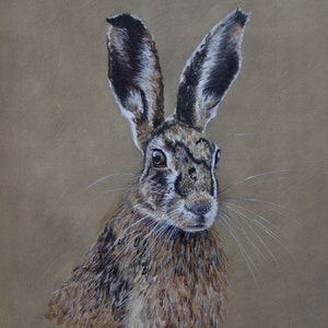 Amy Brown Countryside Art Giclee Print of European Hare British Wildlife Ears Erect From an Oil Painting