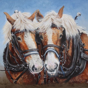 Amy Brown Countryside Art Giclée-Druck von Clydesdale-Pferden, die bereit sind, die Pflug-Entwurfs-Pferdewagen-Pferde zu ziehen