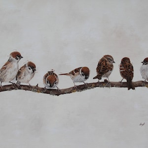 Amy Brown Countryside Art Giclee Print Tree Sparrows on branch Morning Meeting from and Oil Painting