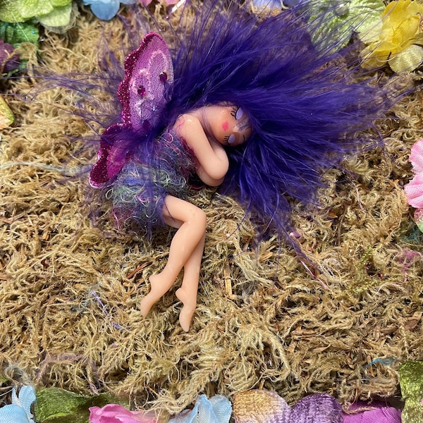 FAIRY  Sleeping Handmade Polymer Clay Purple Fuchsia Faerie Pixie Cottage Core Art Doll Funfairy291