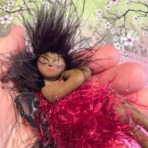 FAIRY  Sleeping Handmade Polymer Clay Burgundy Black hair Dark skin Faerie Pixie Cottage Core Art Doll Funfairy291