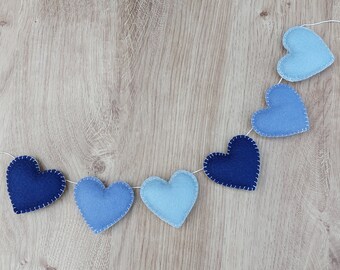 Blue heart garland, bunting, felt, blue nursery decoration, baby shower, cake smash, new baby gift, teepee, Mother's Day, new home gift