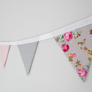 Grey and Pink Floral Fabric Mini Bunting, vintage, wedding, nursery, shabby chic, summer, party, image 1