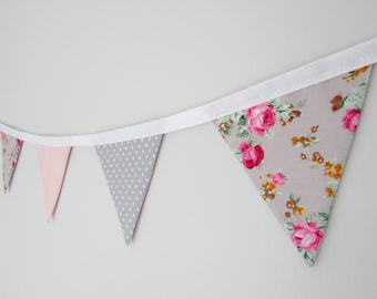 Grey and Pink Floral Fabric Mini Bunting, vintage, wedding, nursery, shabby chic, summer, party,