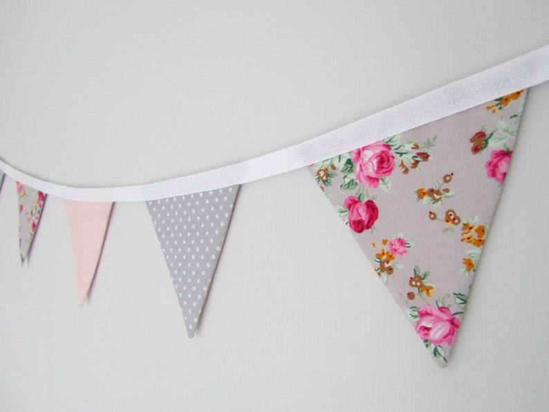 Grey and Pink Floral Fabric Mini Bunting, vintage, wedding, nursery, shabby chic, summer, party, image 1