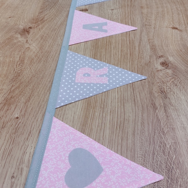 Personalised bunting, pink and grey, floral, name banner, pink nursery, girls decor, birthday, name sign, new baby gift, cake smash, bedroom