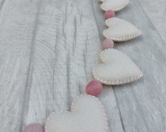 Cream and pink heart garland, pink bunting, felt pom poms, felt ball garland, Mother's Day, teepee decoration, nursery, pink decoration