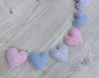 Pink and grey heart garland, bunting, felt, nursery decoration, baby shower, cake smash decoration, new baby gift, teepee, Mother's Day