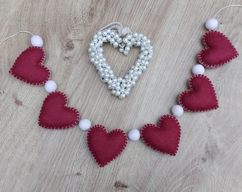 Valentine's decoration, red heart garland, felt ball bunting, date night, love, red, hearts, banner, gift