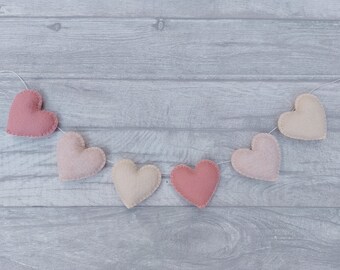 Pink, peach, nude bunting, felt heart garland, teepee decoration, nursery decoration, Mother's Day gift, neutral, Easter