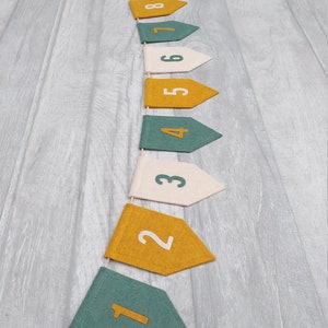 Number bunting, number line, green, mustard yellow garland, felt, teepee decoration, nursery decor, jungle theme nursery