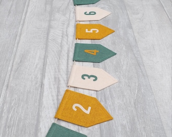 Number bunting, number line, green, mustard yellow garland, felt, teepee decoration, nursery decor, jungle theme nursery