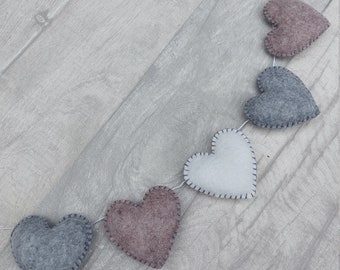 Grey heart garland, neutral, home decoration, felt, nursery bunting, teepee, new home gift, her birthday, neutral home, baby bunting