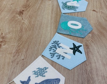 Under the sea bunting, garland, personalised name banner, sea life nursery, ocean animals, nautical, marine, whale, turtle, octopus, gift