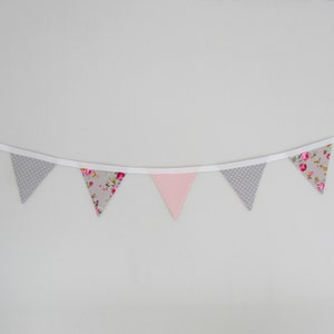 Grey and Pink Floral Fabric Mini Bunting, vintage, wedding, nursery, shabby chic, summer, party, image 2