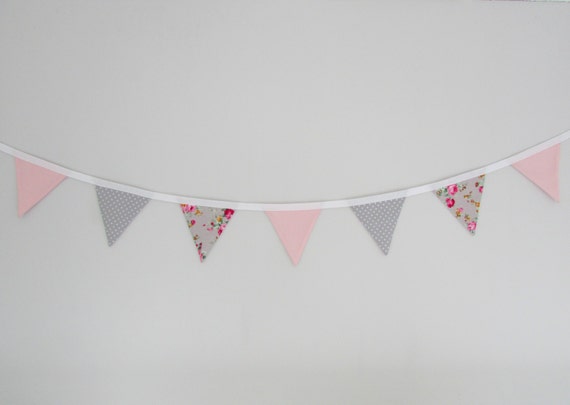 TAUPE & PINK VINTAGE STYLE FLORAL AND SPOT FABRIC MINI BUNTING 4M 13FT NEW 