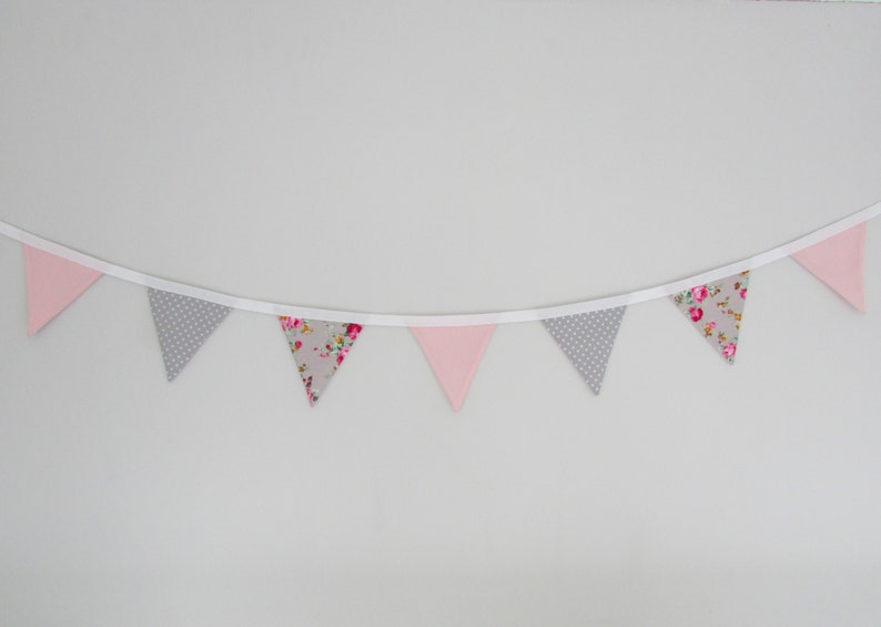 Grey and Pink Floral Fabric Mini Bunting, vintage, wedding, nursery, shabby chic, summer, party, image 2