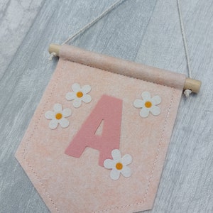 Initial flag, pink, peach, cream, initial sign, wall hanging, bunting, nursery decoration, personalised gift, baby shower, birthday, daisies
