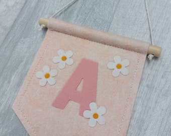 Initial flag, pink, peach, cream, initial sign, wall hanging, bunting, nursery decoration, personalised gift, baby shower, birthday, daisies