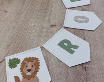 Personalised bunting, name bunting, safari decoration, customise your own colours, jungle nursery garland, gift, lion decoration, name sign