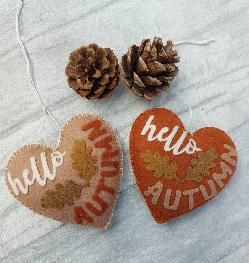 Autumn decoration, Hello Autumn, felt heart garland, Halloween, harvest festival, Autumn shelfie, peg rail, Autumn home decor image 1