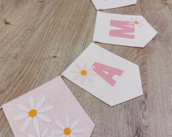 Personalised bunting, pink, peach, daisy garland, blush, nursery decoration, name banner, gift, girl's bedroom, baby, birthday, wildflower