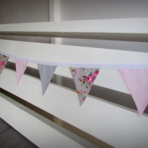 Grey and Pink Floral Fabric Mini Bunting, vintage, wedding, nursery, shabby chic, summer, party, image 4