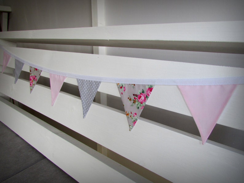 Grey and Pink Floral Fabric Mini Bunting, vintage, wedding, nursery, shabby chic, summer, party, image 4