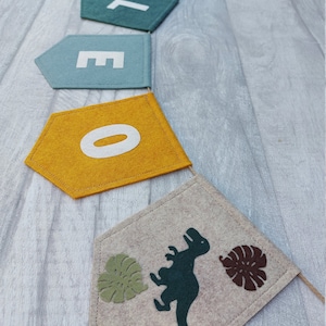 Personalised bunting, dinosaur bunting, safari nursery, jungle nursery, tropical, neutral bunting, felt dinosaur, felt garland
