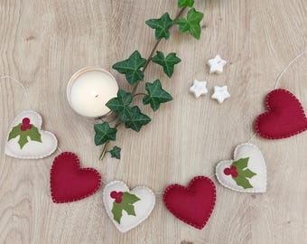 Christmas garland, bunting, Christmas holly decoration, festive bunting, felt heart garland, traditional Christmas decor, gift, winter decor