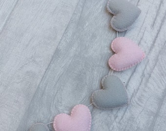 Pink and grey bunting, felt heart garland, teepee decoration, nursery decoration, gift, neutral, wedding decor, cake smash, girl's bedroom