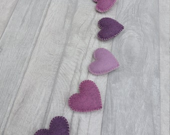 Purple heart garland, bunting, felt garland, nursery decoration, baby shower, cake smash decoration, new baby gift, teepee, Mother's Day