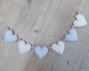 Cream, pink, lilac heart garland, bunting, felt pom poms, felt garland, Mother's Day, teepee, nursery decoration, girl's bedroom, gift