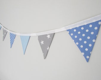 Blue and Grey Mini  Fabric Bunting, spotty, stars, new baby, baby shower, baby boy, christening