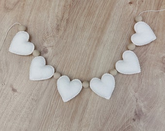 Cream and beige heart garland, neutral bunting, felt pom poms, felt balls, Mother's Day, teepee decoration, nursery, decoration, Easter