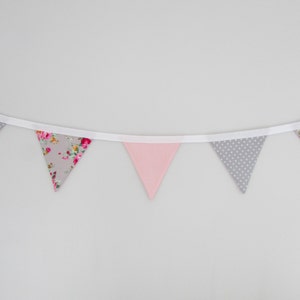 Grey and Pink Floral Fabric Mini Bunting, vintage, wedding, nursery, shabby chic, summer, party, image 3