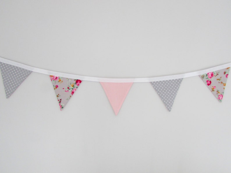 Grey and Pink Floral Fabric Mini Bunting, vintage, wedding, nursery, shabby chic, summer, party, image 3
