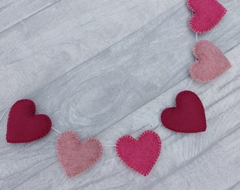 Pink felt heart garland, red bunting, date night decoration, date night, hearts, banner, red hearts, garland