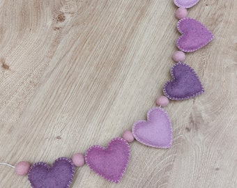 Purple heart garland, pink bunting, felt pom poms, felt ball garland, Mother's Day, teepee decoration, nursery, purple decoration, gift